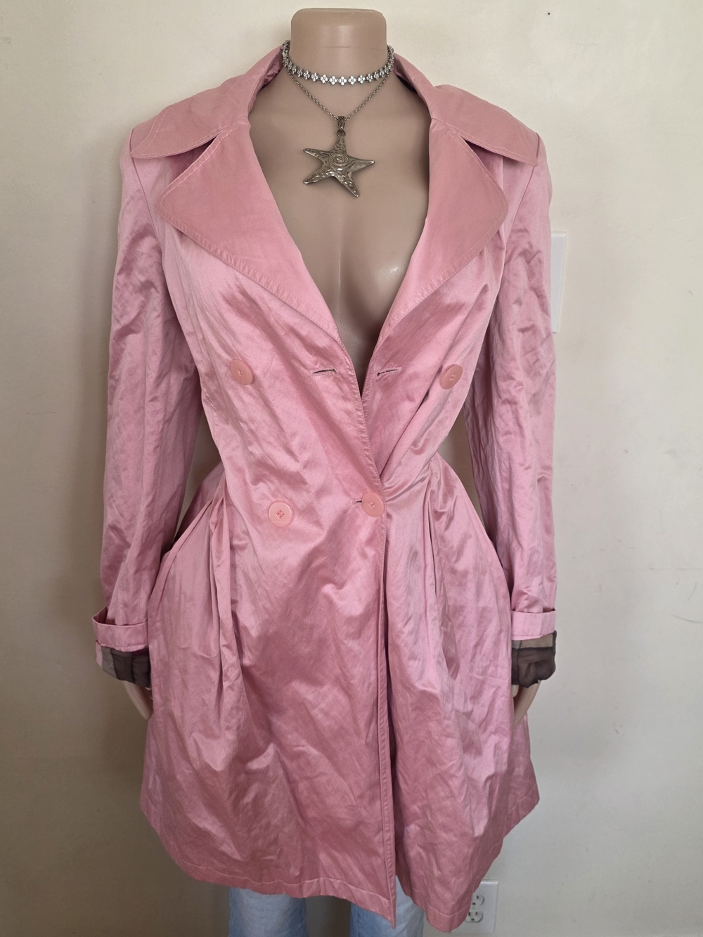 DKNY Pink Satin Double-Breasted Trench Coat with Feminine Waist
